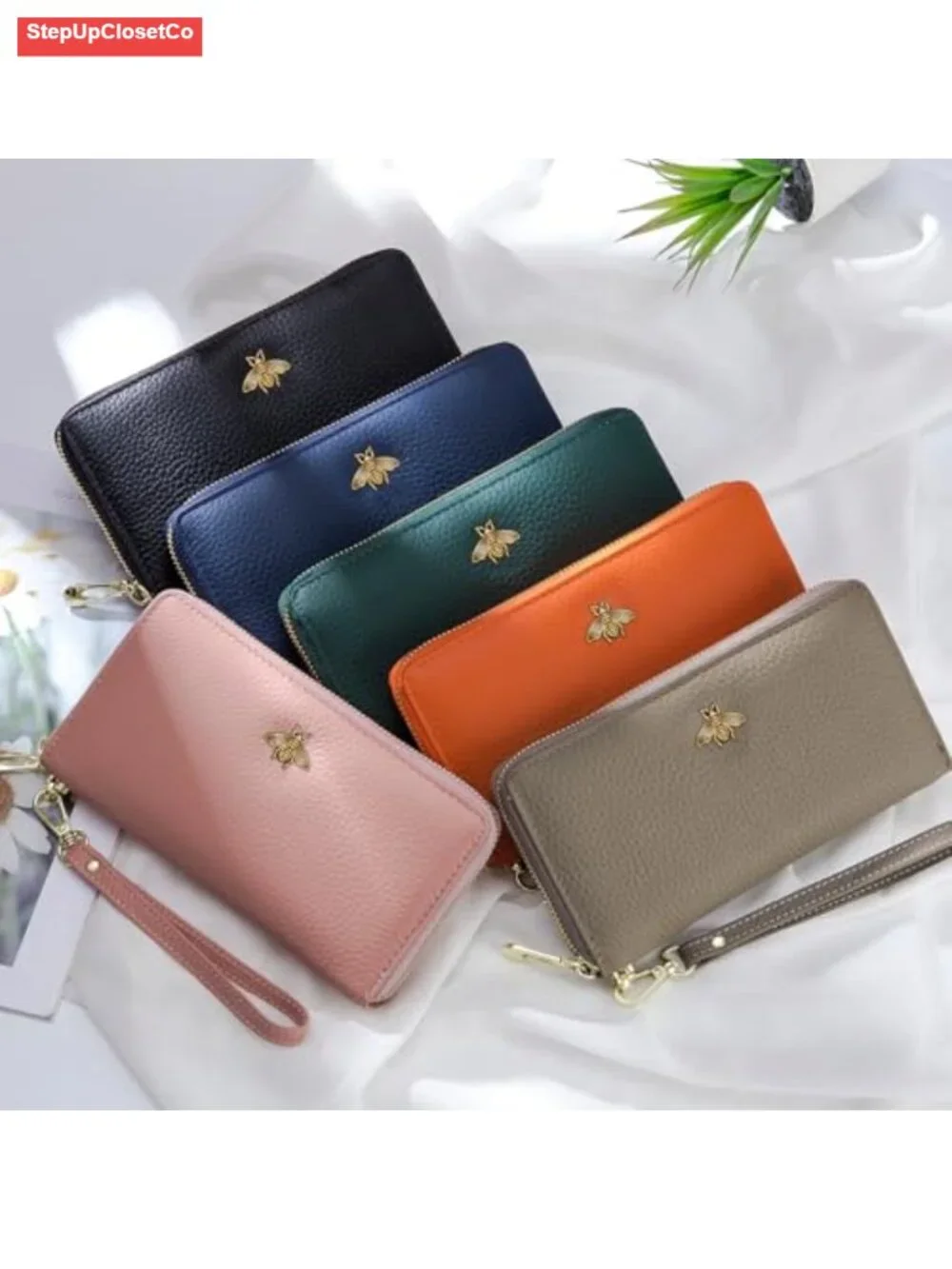 Genuine Leather Wristlet Wallet Clutch Purse with Bee Design for Women